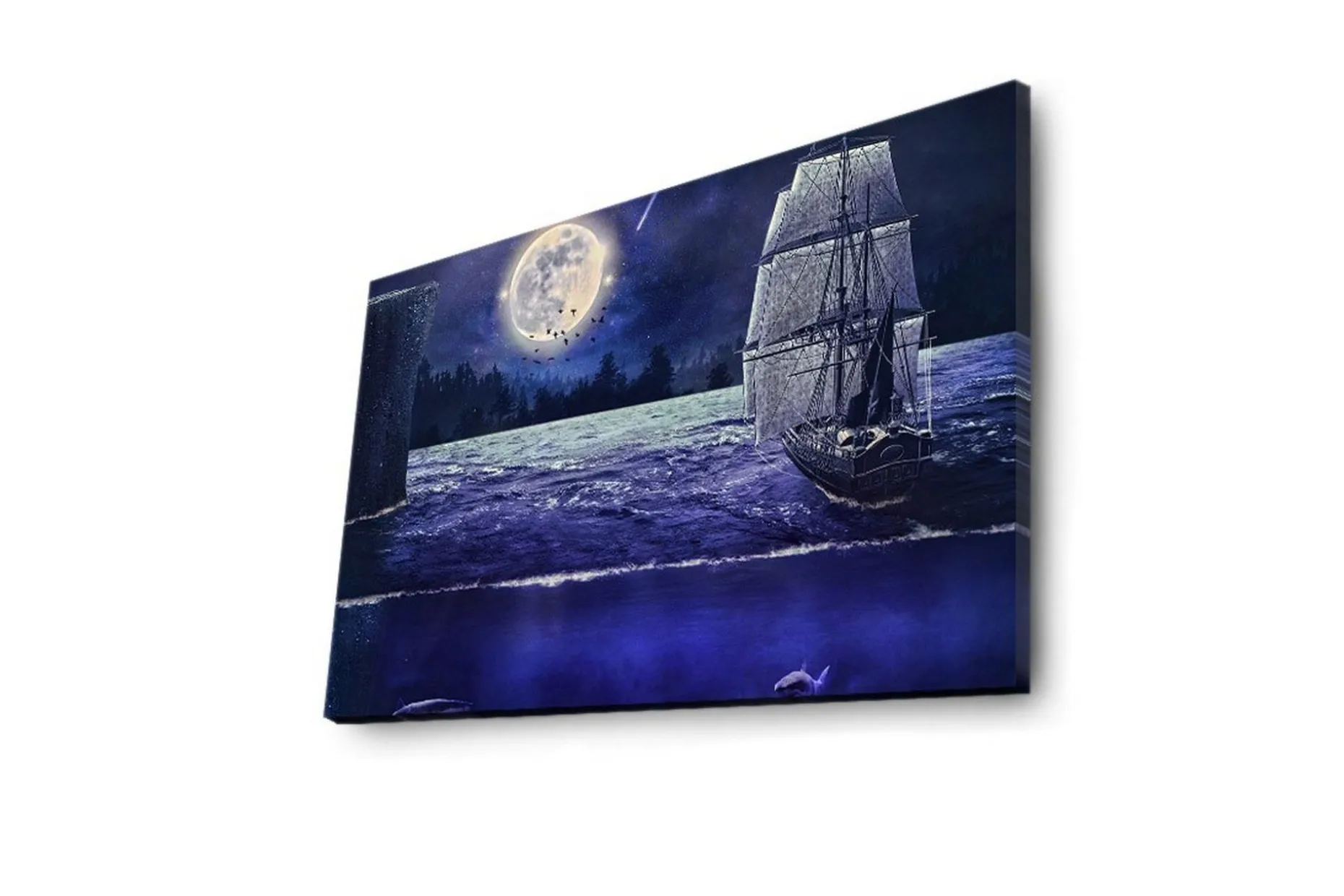 Lerretsbilde med LED-belysning 45x70 cm - Skip som seiler under fullmåne på en stjerneklar natt