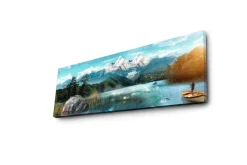 Lerretsbilde med LED-belysning 30x90 cm - Storslått fjellandskap med en fisker i en båt på en speilblank innsjø