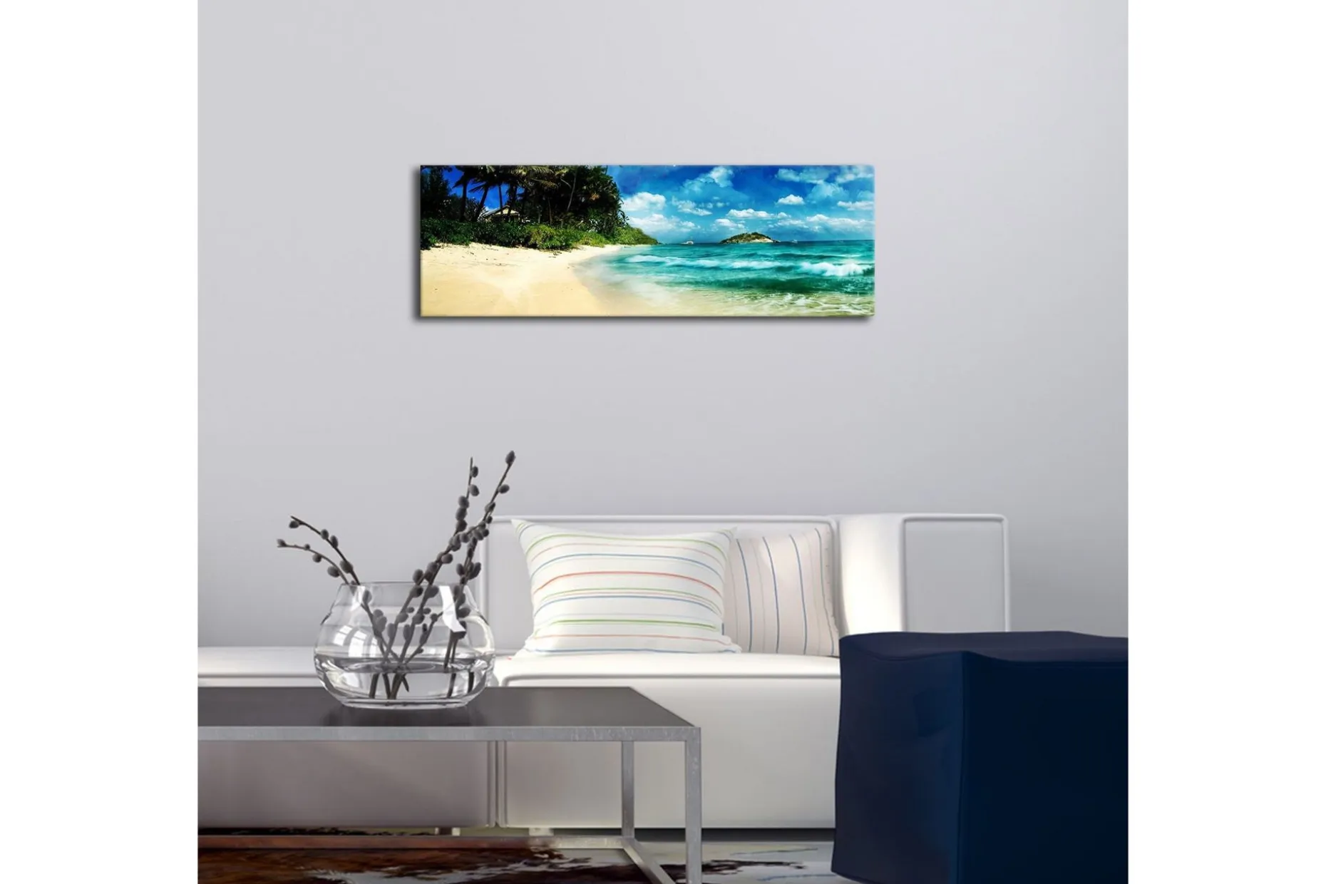 Lerretsbilde med LED-belysning 30x90 cm - Vakker strand med turkis vann og palmer