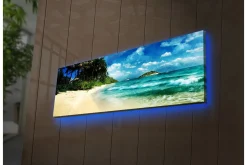 Lerretsbilde med LED-belysning 30x90 cm - Vakker strand med turkis vann og palmer