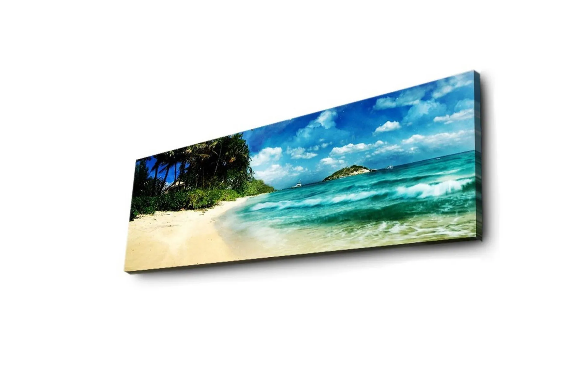 Lerretsbilde med LED-belysning 30x90 cm - Vakker strand med turkis vann og palmer