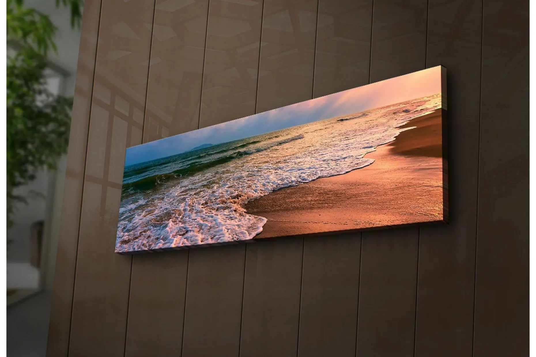 Lerretsbilde med LED-belysning 30x90 cm - Vakker strand med solnedgang og myke bølger