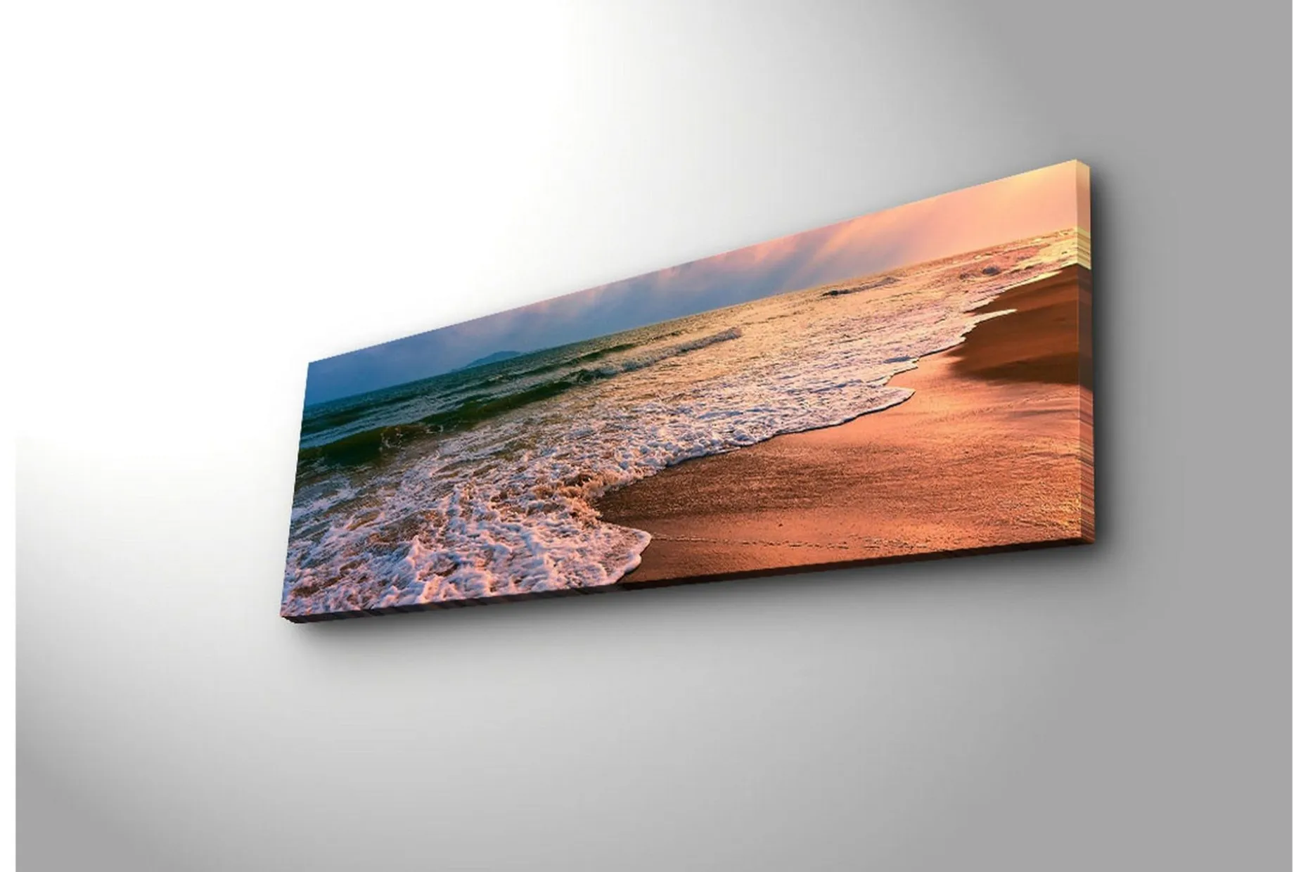 Lerretsbilde med LED-belysning 30x90 cm - Vakker strand med solnedgang og myke bølger
