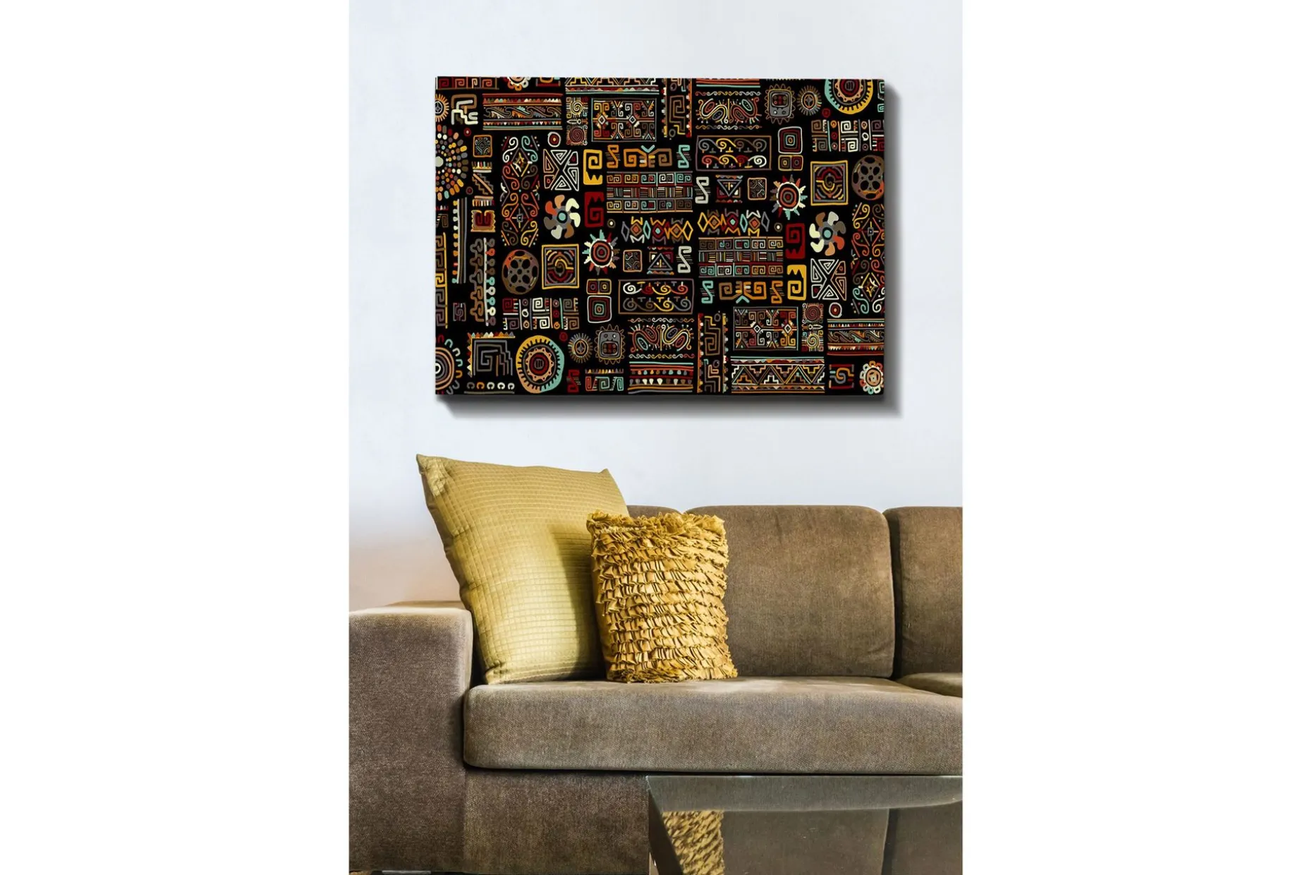 Lerretsbilde 70x100 cm - Et fargerikt geometrisk mønster med symbolske elementer