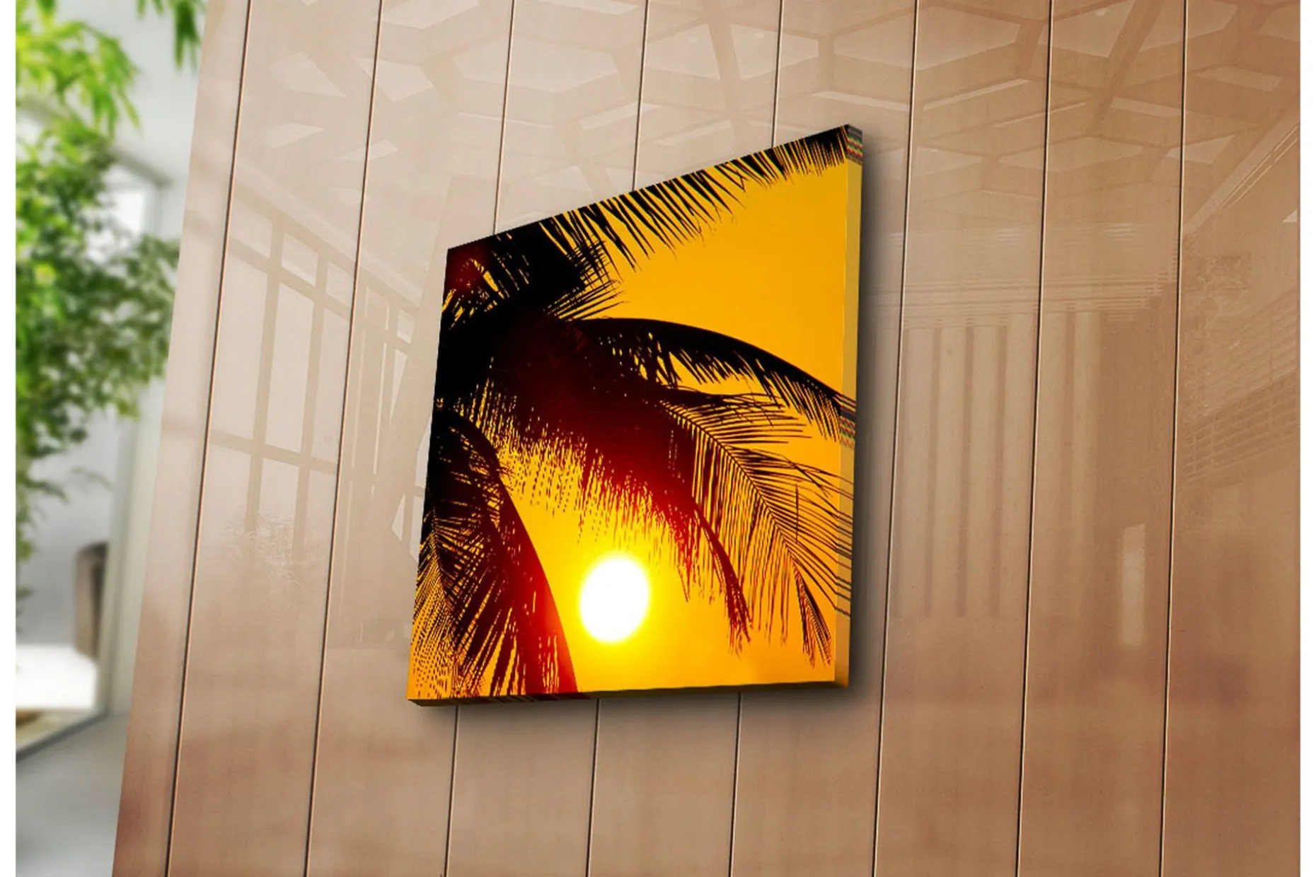 Lerretsbilde 45x45 cm - Solnedgang bak palmer