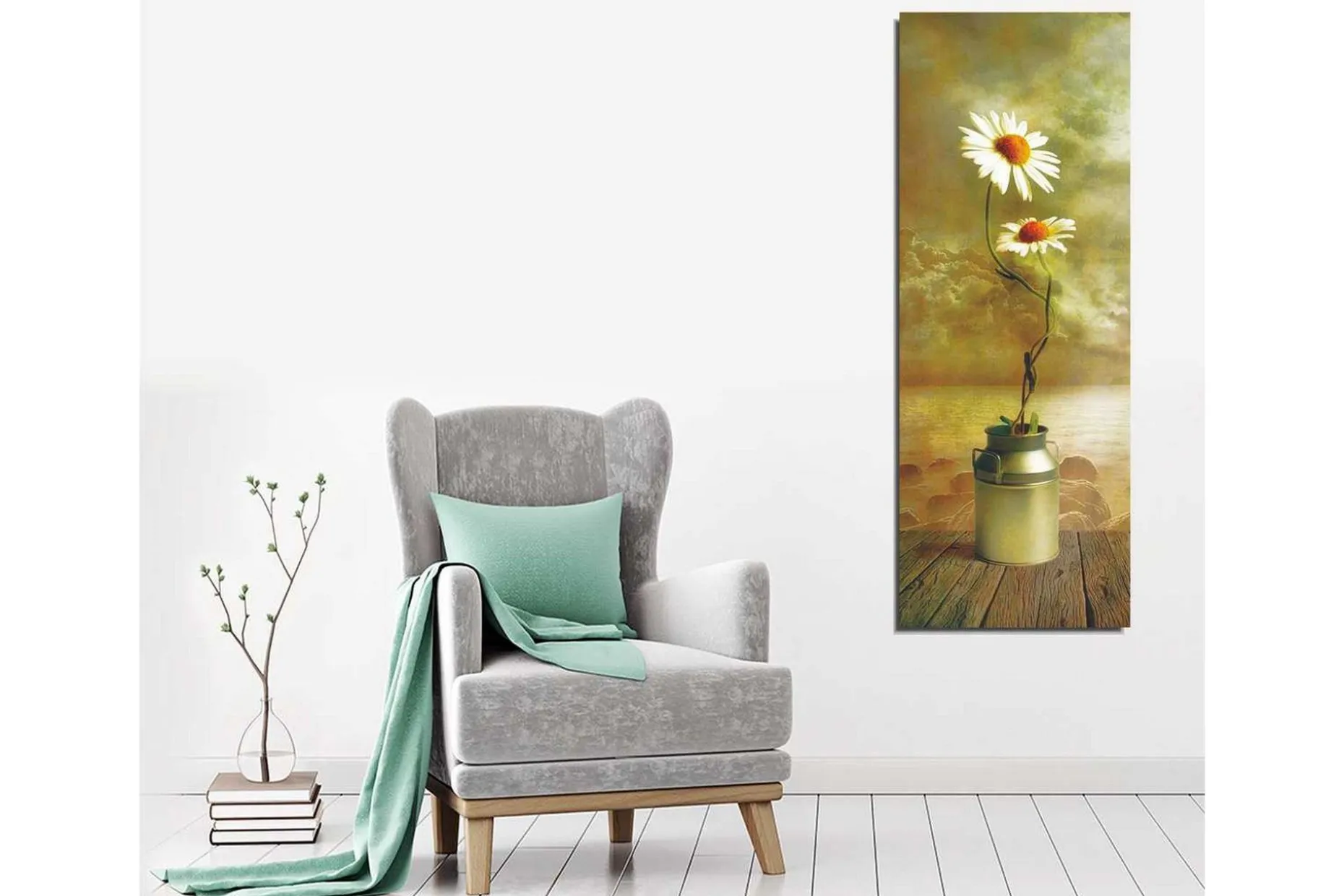 Lerretsbilde 30x80 cm - To tusenfryd i en melkekanne