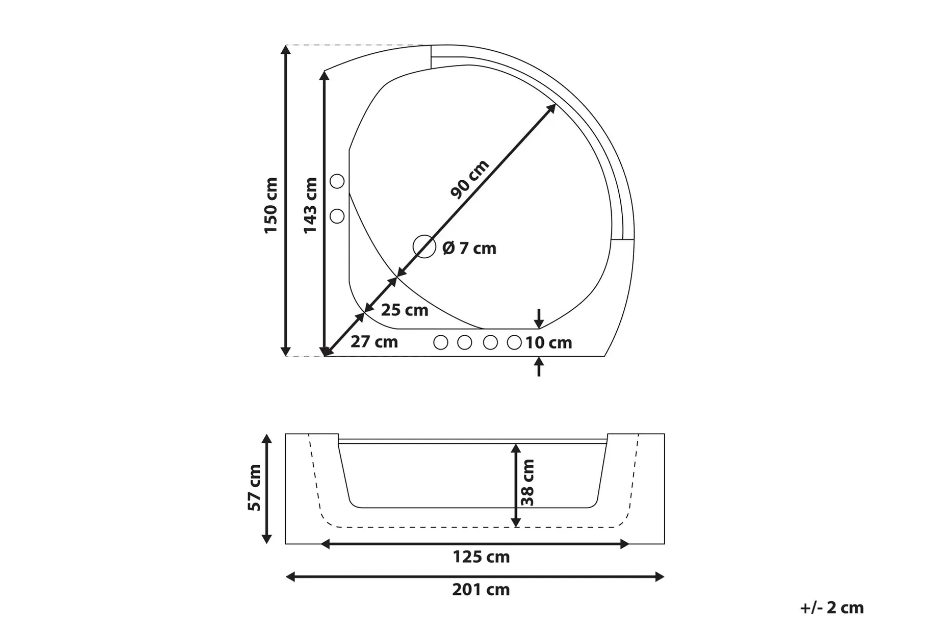 Mangle Hjørneboblebadekar 150 cm med LED-belysning