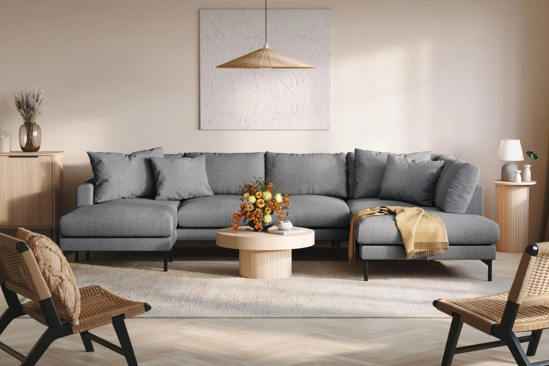 Menard 4-seters Høyrevendt Stor U-formet Dyp Sofa med Divan og Sjeselong i Stoff
