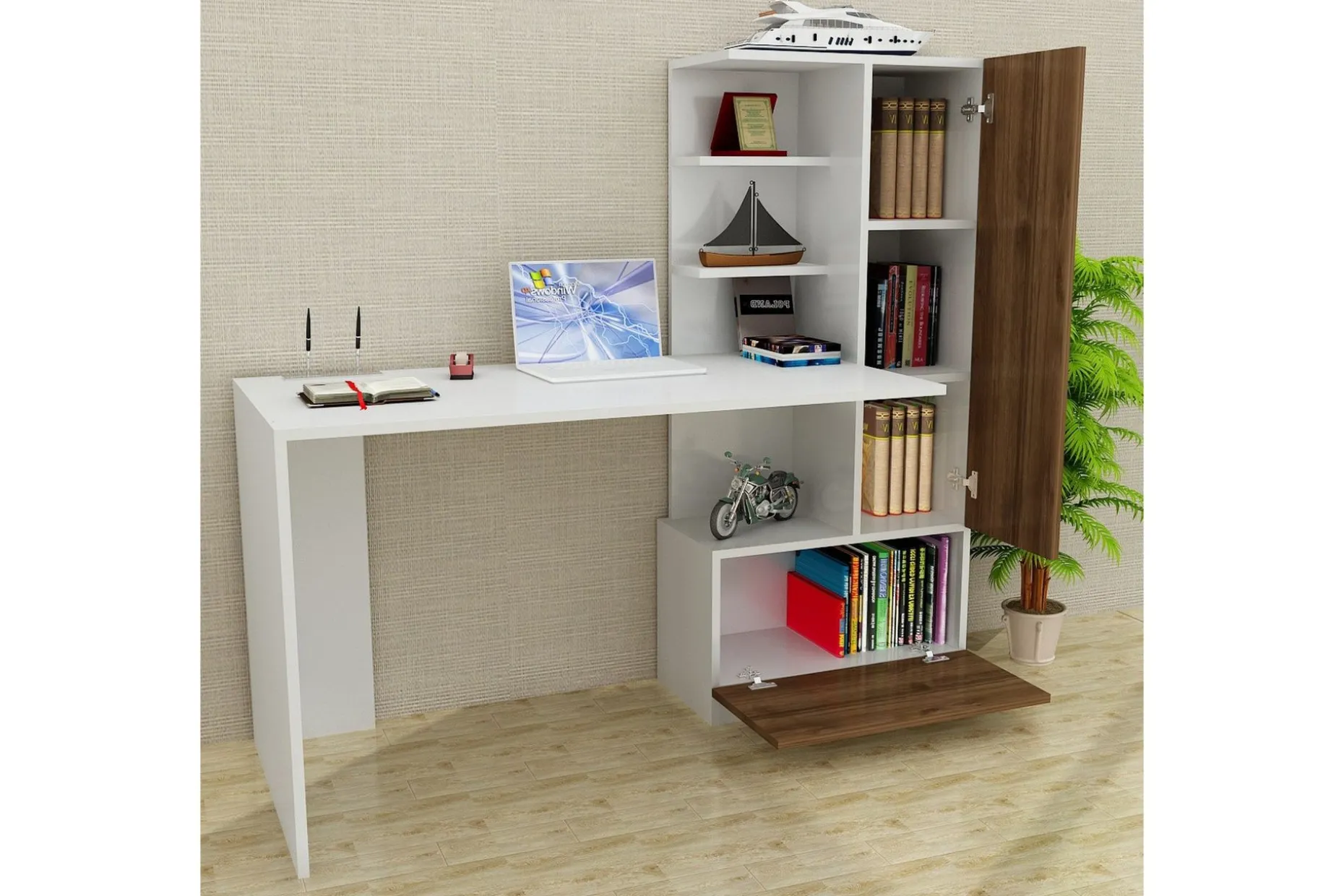 Merinoz Skrivebord 150 cm med Oppbevaring Hyller + Skuff + S