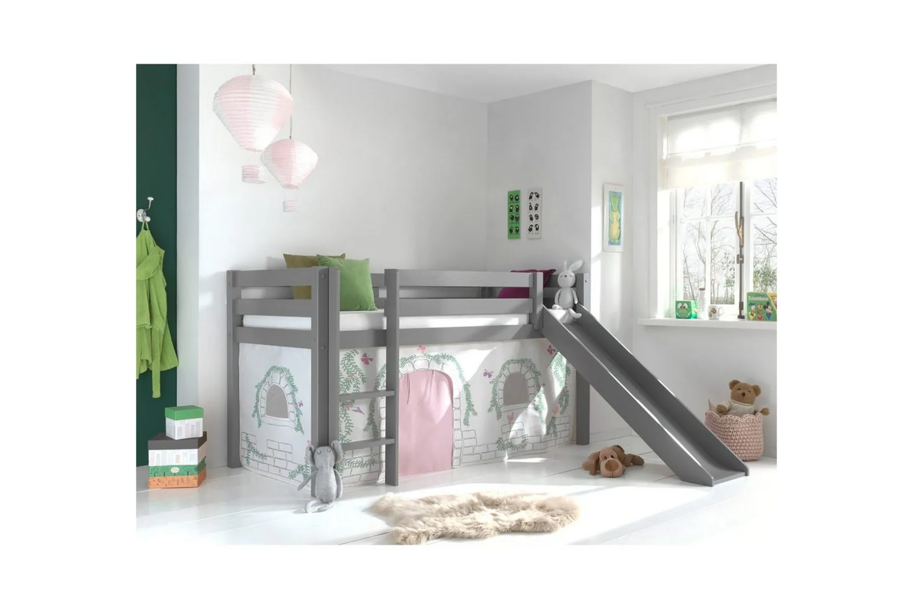 Middelseng med gardin Pino Birdy Grå, Grå, Med sklie, Uten tunnel, Ingen lommer
