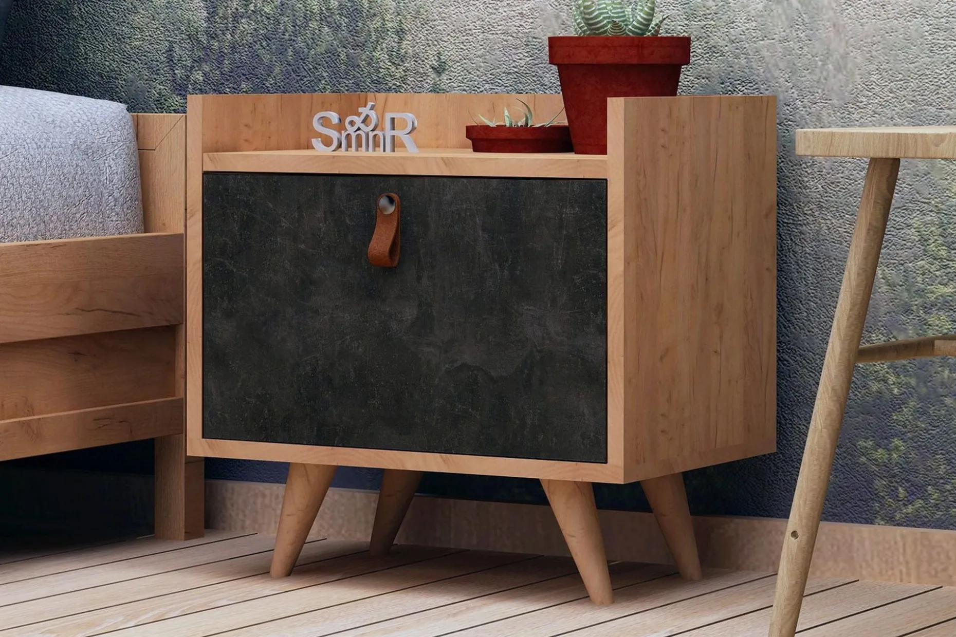 Mod Design Nattbord 50 cm med Oppbevaring Skap Lærbeslag