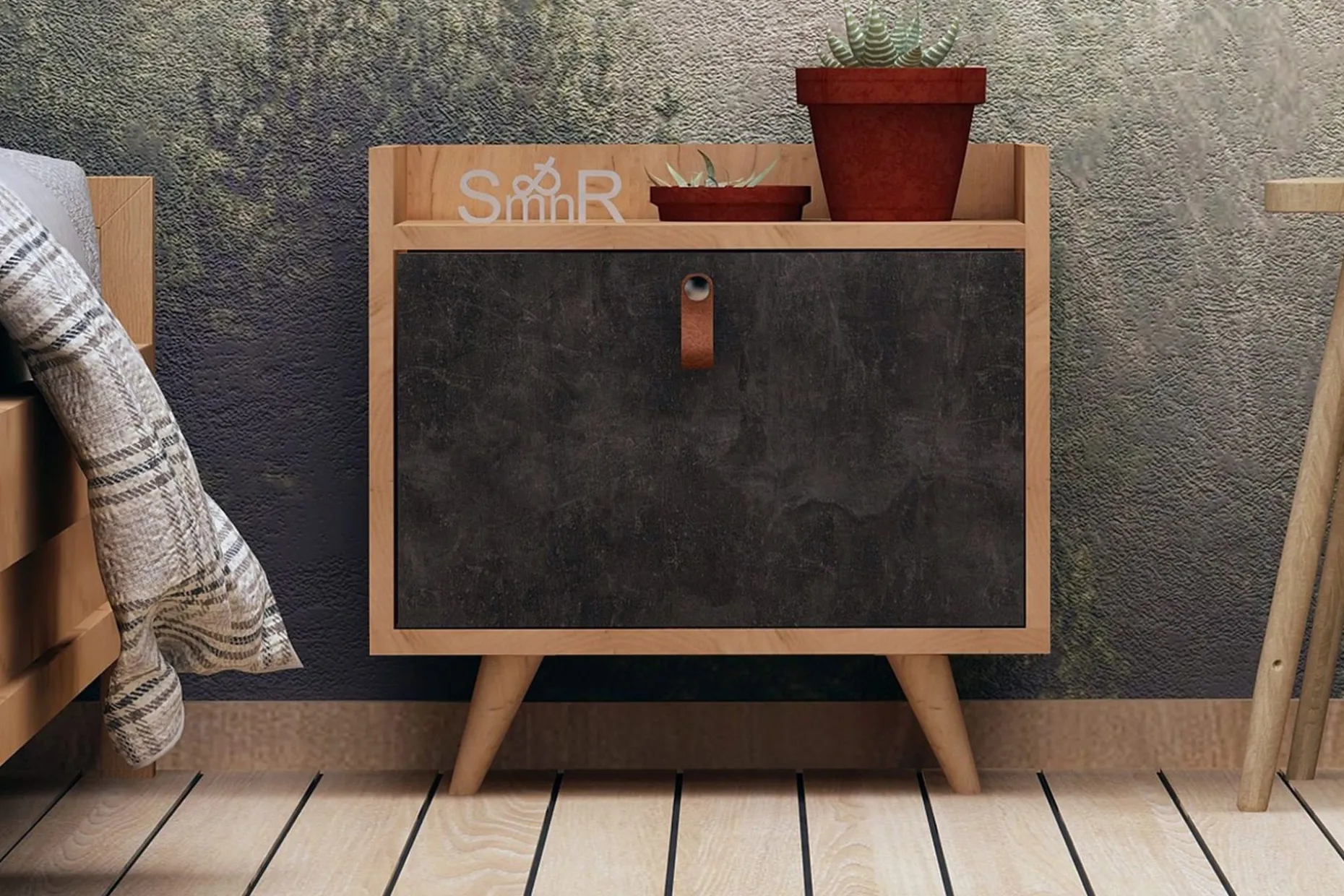 Mod Design Nattbord 50 cm med Oppbevaring Skap Lærbeslag