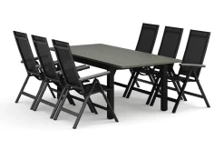 Monaco utendørs spisegruppe, uttrekkbar 150–250x90 med 6 Monaco Light regulerbare stoler