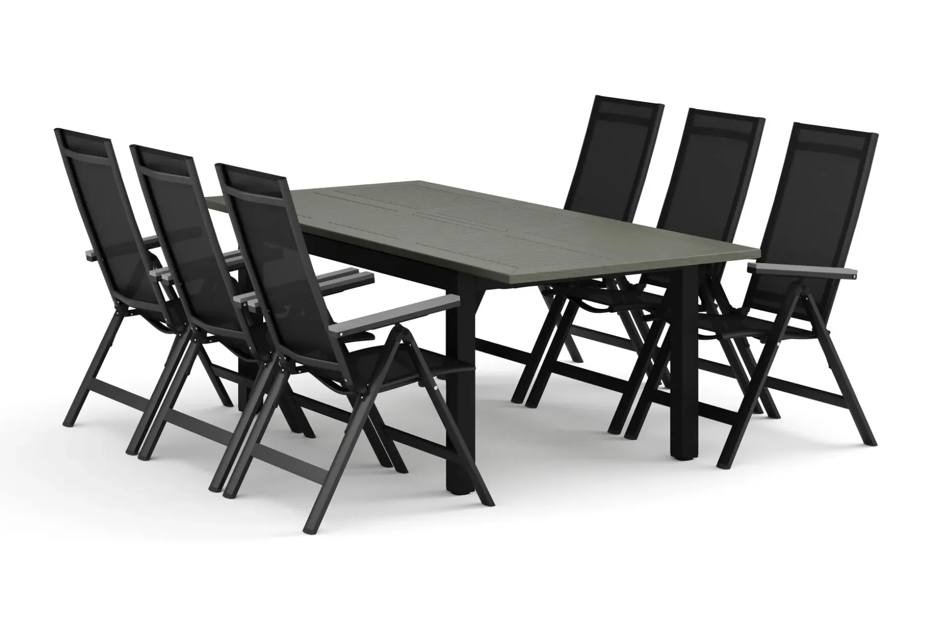 Monaco utendørs spisegruppe, uttrekkbar 150–250x90 med 6 Monaco Light regulerbare stoler
