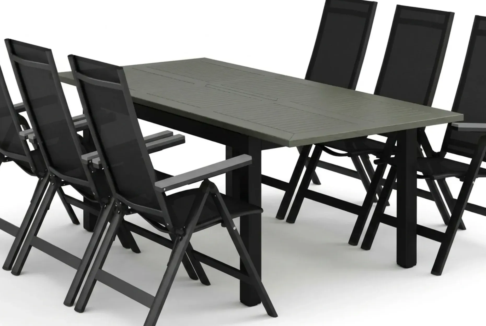 Monaco utendørs spisegruppe, uttrekkbar 150–250x90 med 6 Monaco Light regulerbare stoler