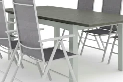 Monaco utendørs spisegruppe uttrekkbar 150–250x90 med 6 Maggie regulerbare stoler