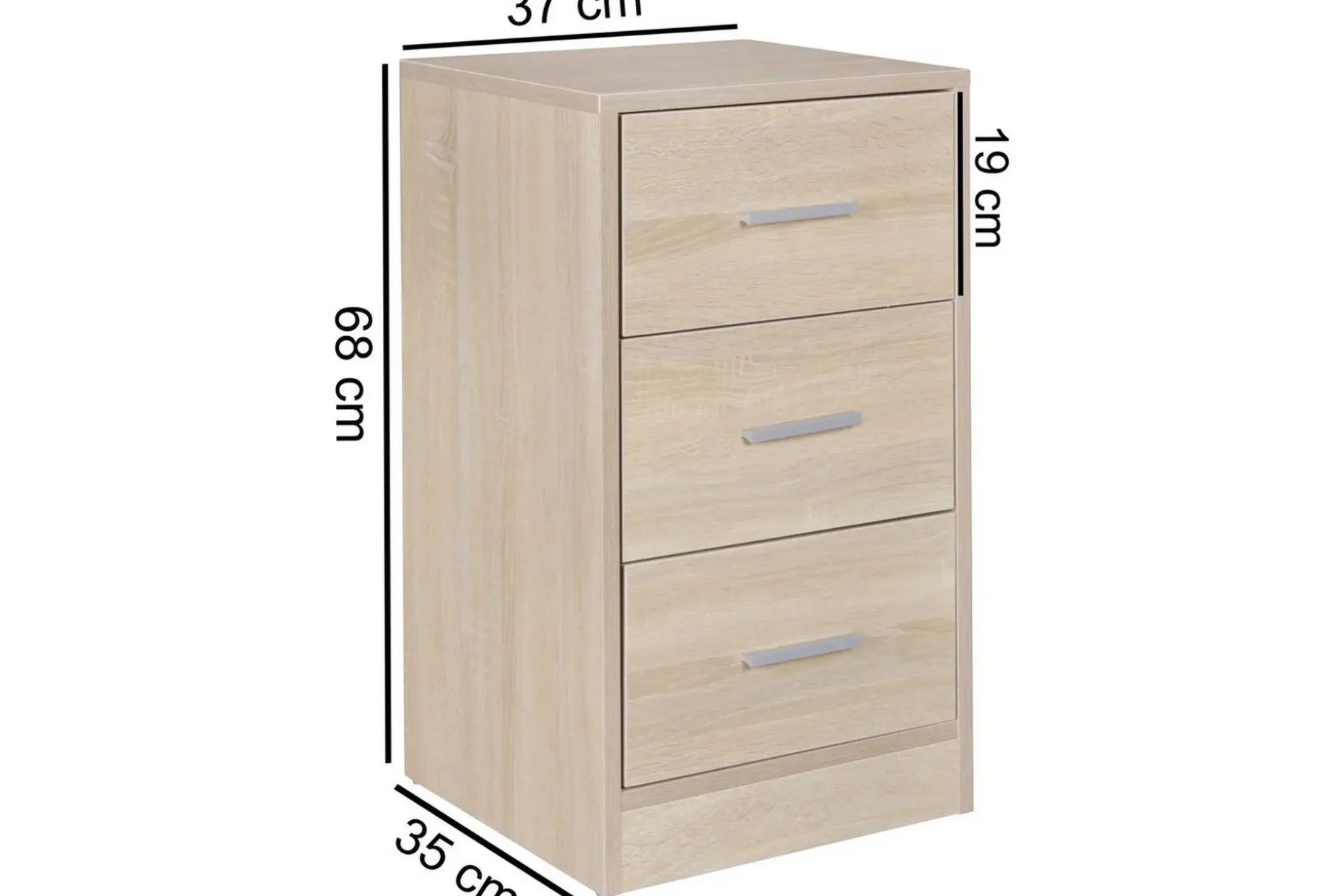 Nattbord Wohnling for kontinentalseng, 68 cm høy og 3 skuffer i en moderne stil Sonoma