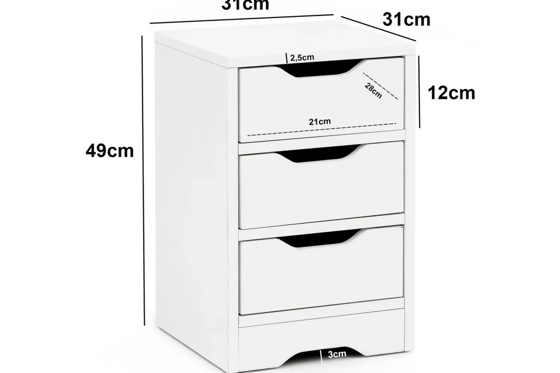 Nattbord Wohnling med 3 skuffer i et enkelt, moderne design for rammemadrass Hvit