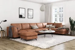 Ocean Lyx 6-seters Høyrevendt U-formet Sofa med Divan og Sjeselong + Fotskammel i Kunstlær