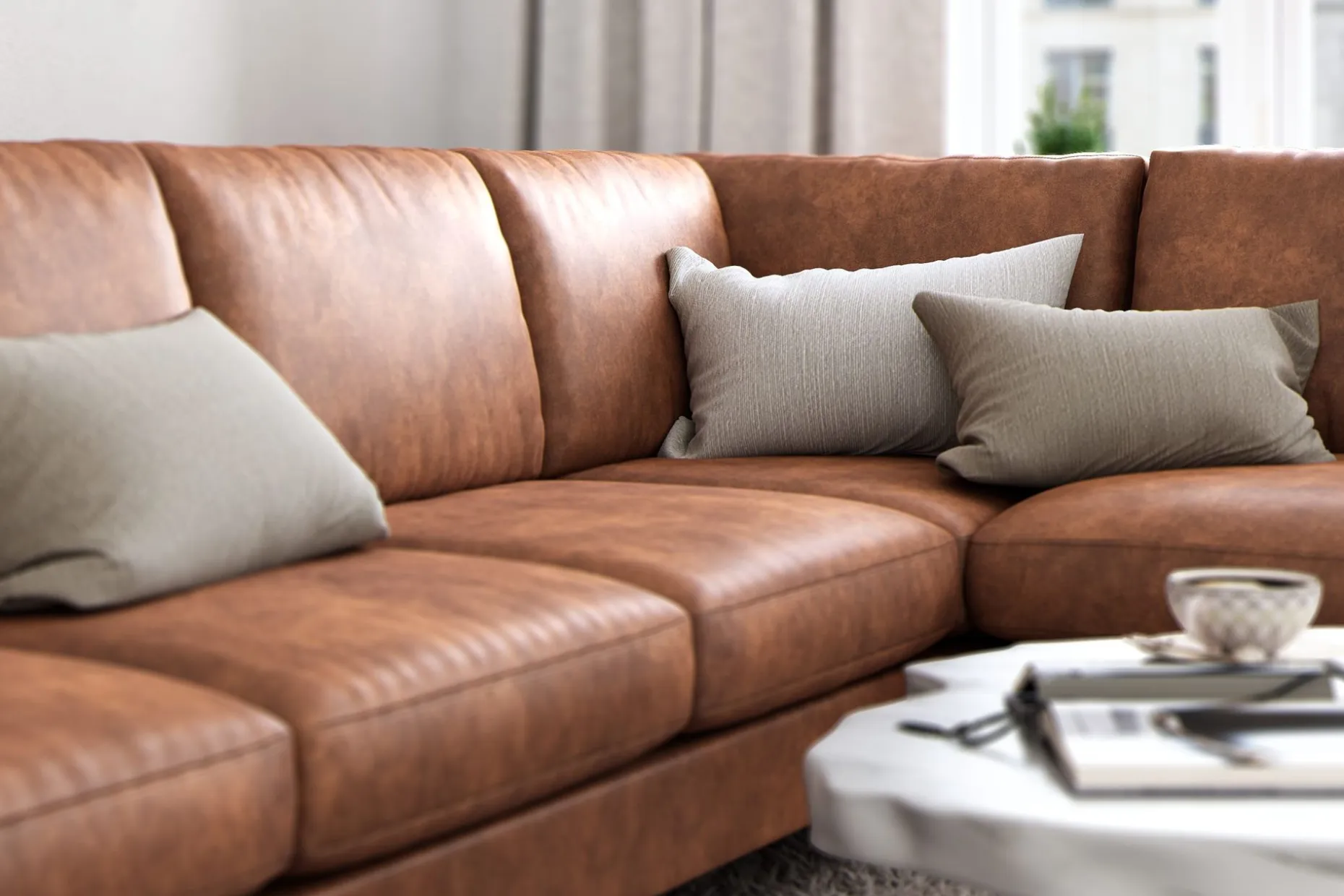 Ocean Lyx 6-seters Høyrevendt U-formet Sofa med Divan og Sjeselong + Fotskammel i Kunstlær