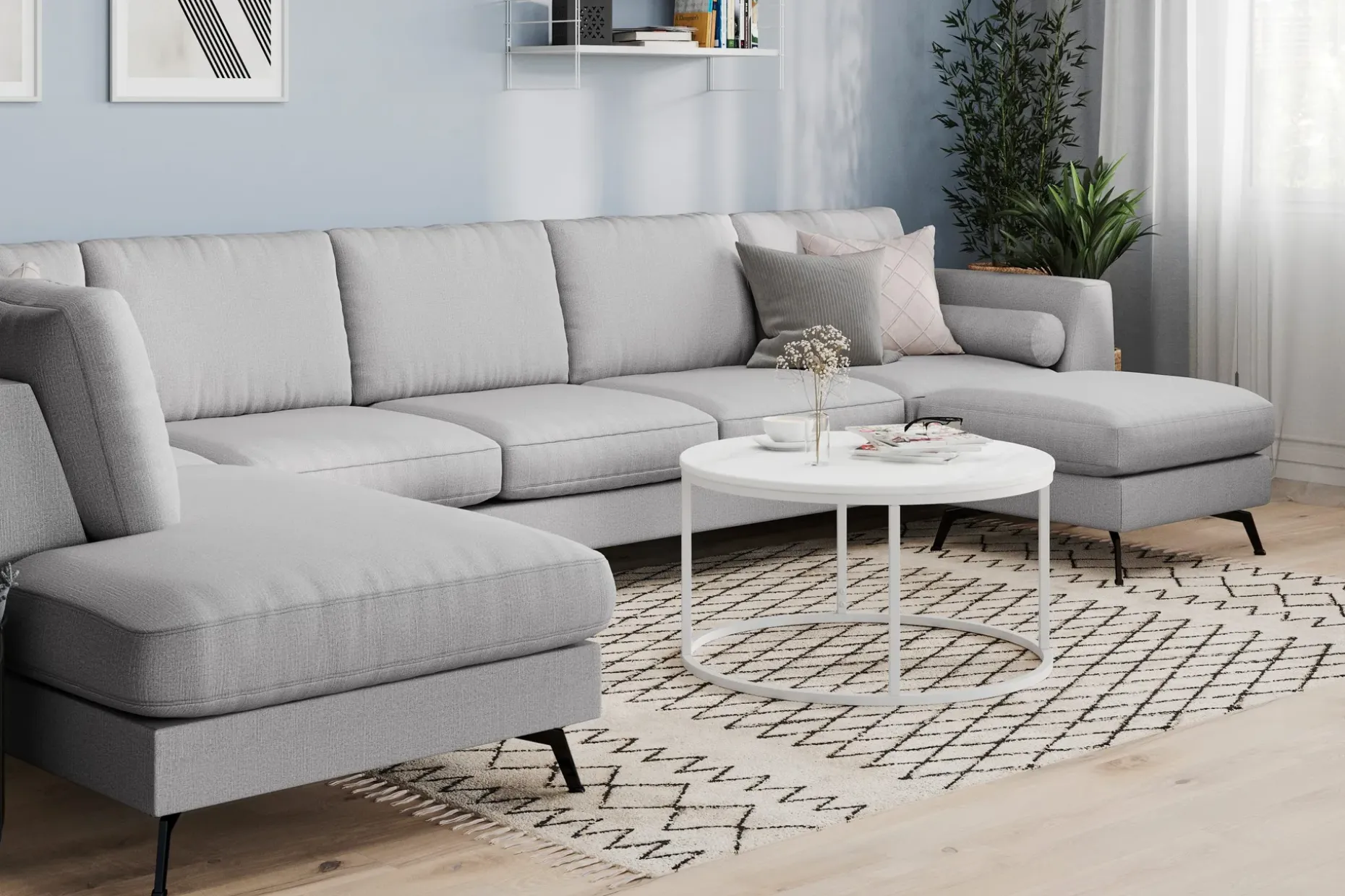 Ocean Lyx 6-seters Venstrevendt U-formet Sofa med Divan og Sjeselong + Fotskammel i Stoff