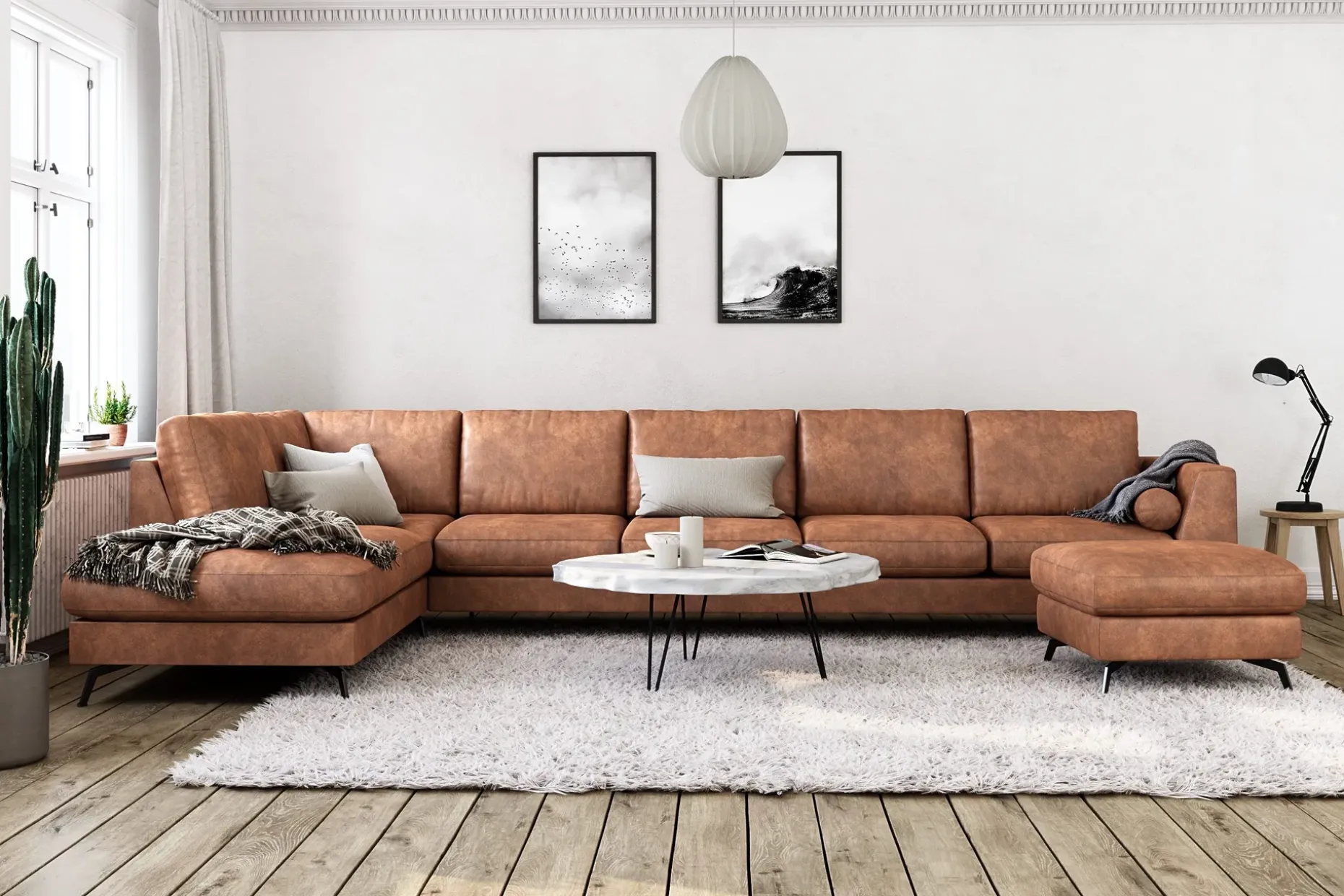 Ocean Lyx 6-seters Venstrevendt U-formet Sofa med Divan og Sjeselong + Fotskammel i Kunstlær