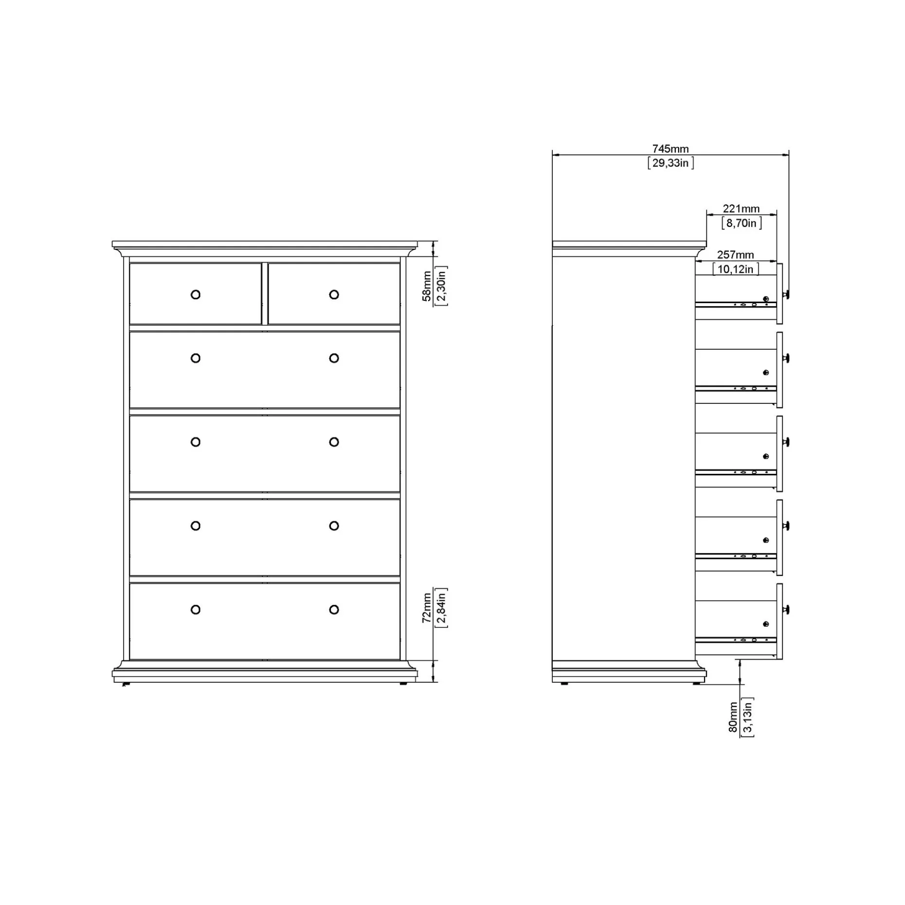 Paris Kommode med 6 skuffer 96x48x140 cm