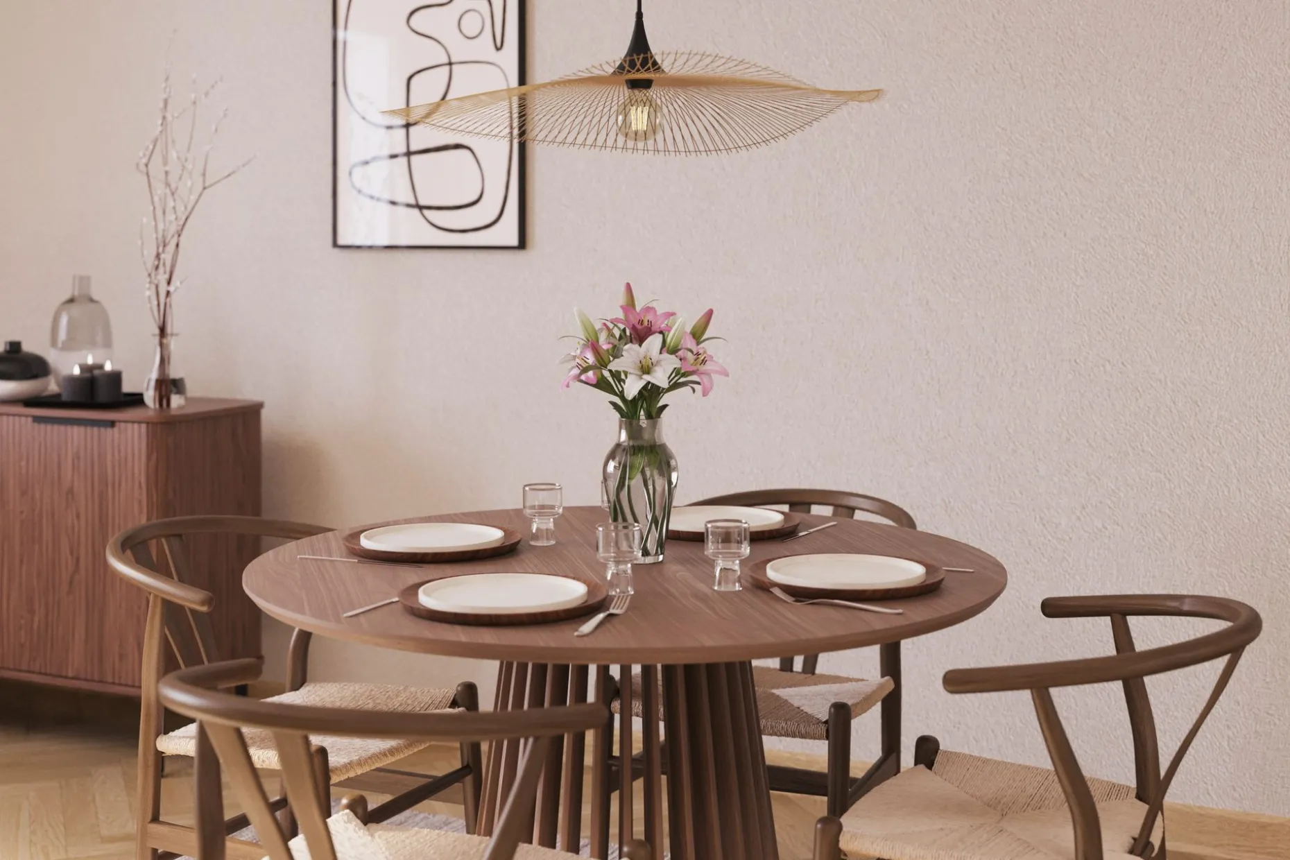 Peyra Spisegruppe 120 cm Rundt Spisebord med 4 Dastoori Spisestoler
