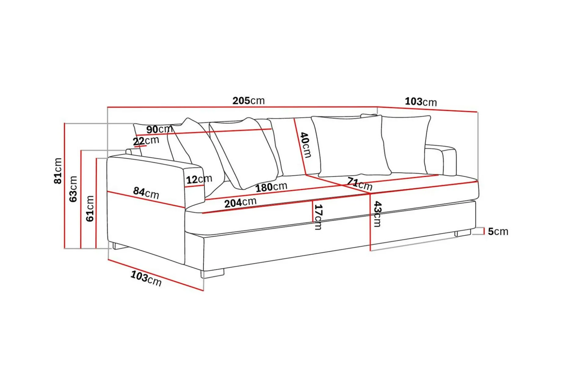 Rossita 3-seters Dyp Sofa med Hel Pute i Fløyel