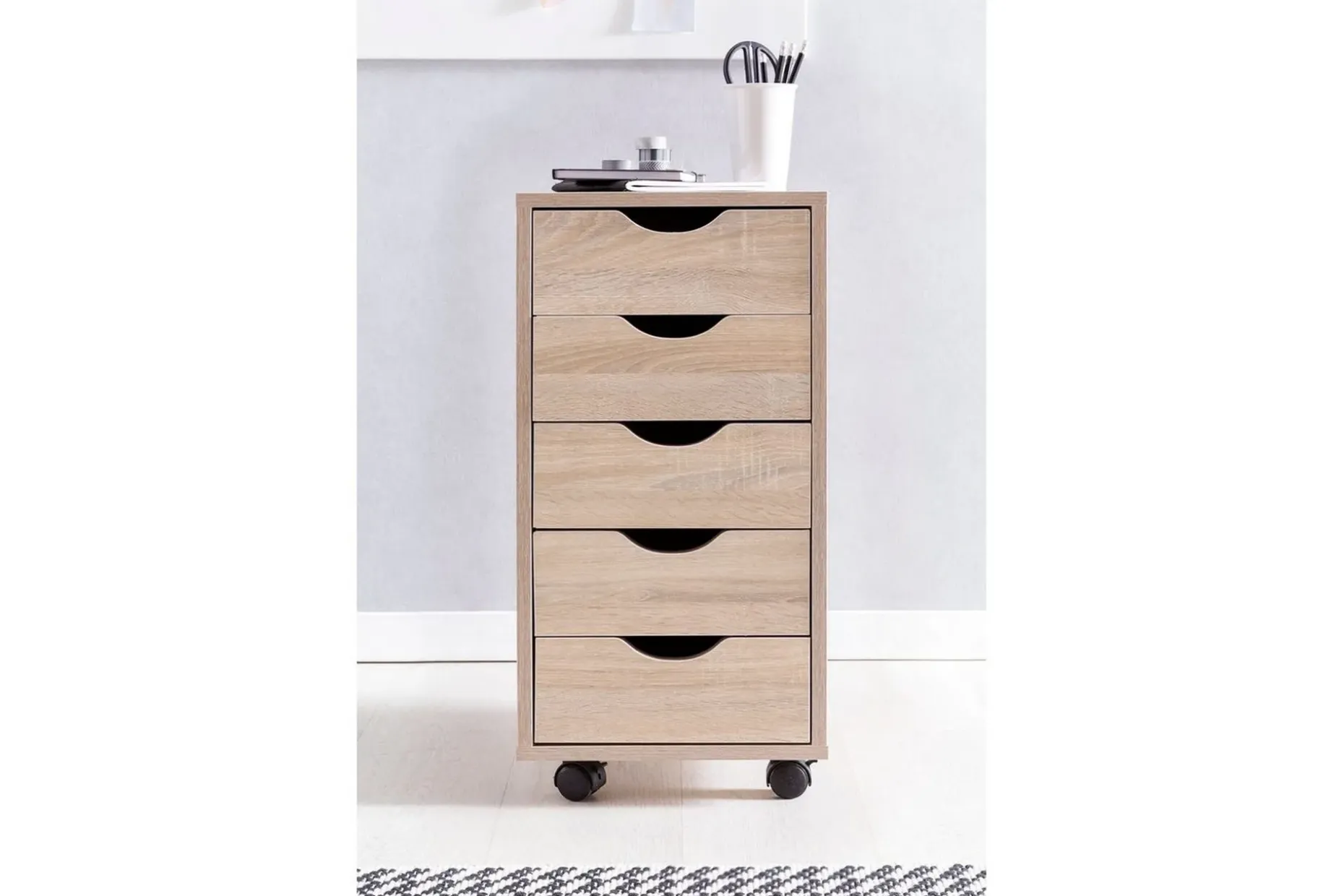 Rullecontainer Wohnling 5 skuffer foliert sponplate med hjul, moderne stil Sonoma