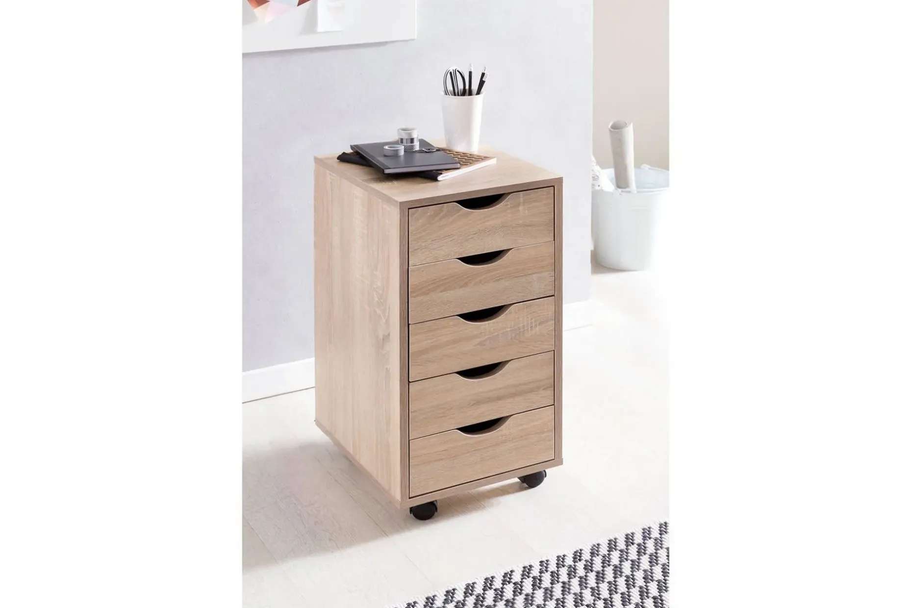 Rullecontainer Wohnling 5 skuffer foliert sponplate med hjul, moderne stil Sonoma