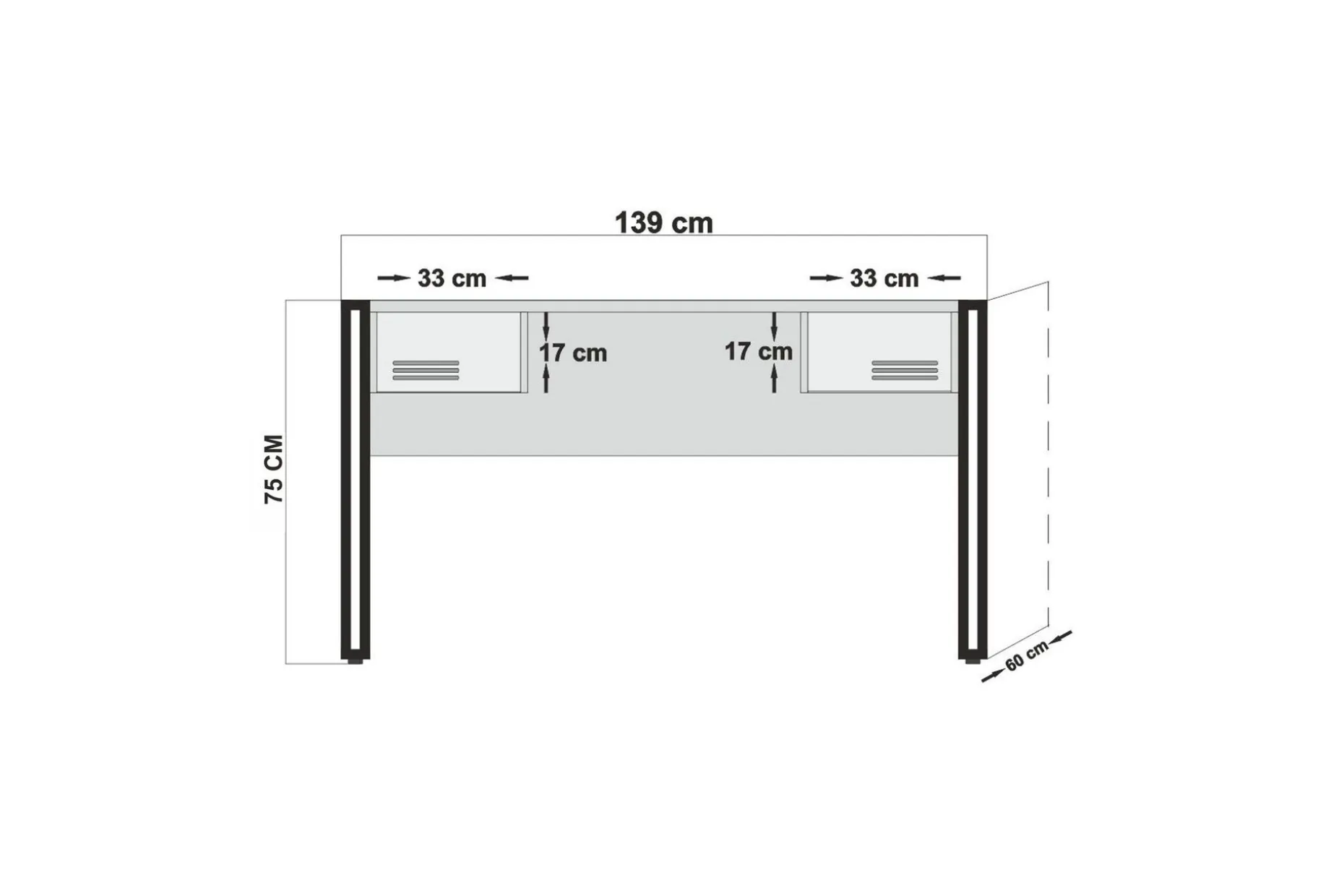 Sapphira Skrivebord 139 cm med Oppbevaring 2 Skuffer