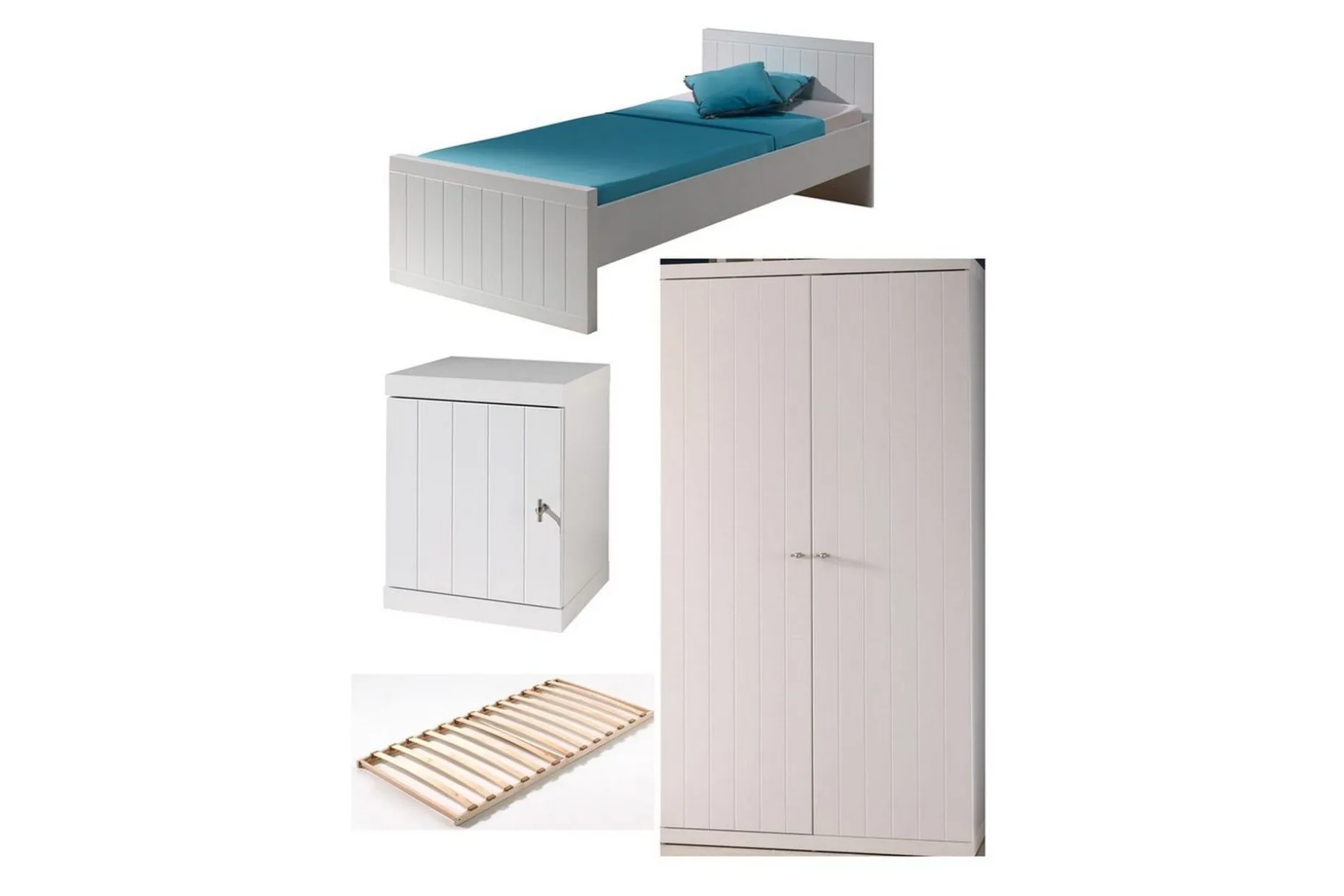 Seng med lamellbunn, nattbord, garderobe Robin