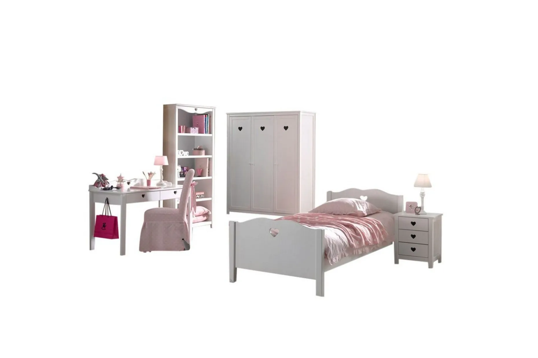 Seng med nattbord garderobe skrivebord bokhylle Amori Hvit 3-dører