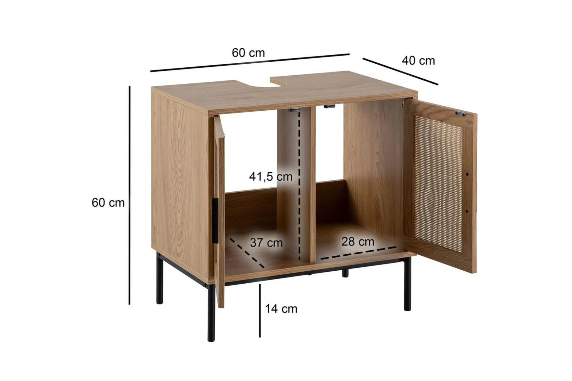Servantensokkel Wohnling melaminbelagt MDF, eik utseende, rottingfront, metallben, moderne loftstil 2 dører