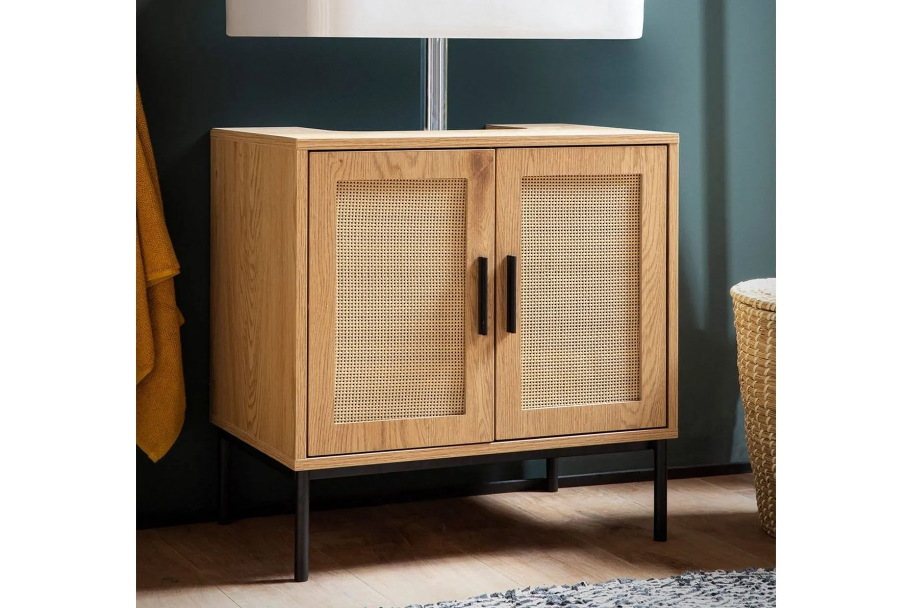 Servantensokkel Wohnling melaminbelagt MDF, eik utseende, rottingfront, metallben, moderne loftstil 2 dører