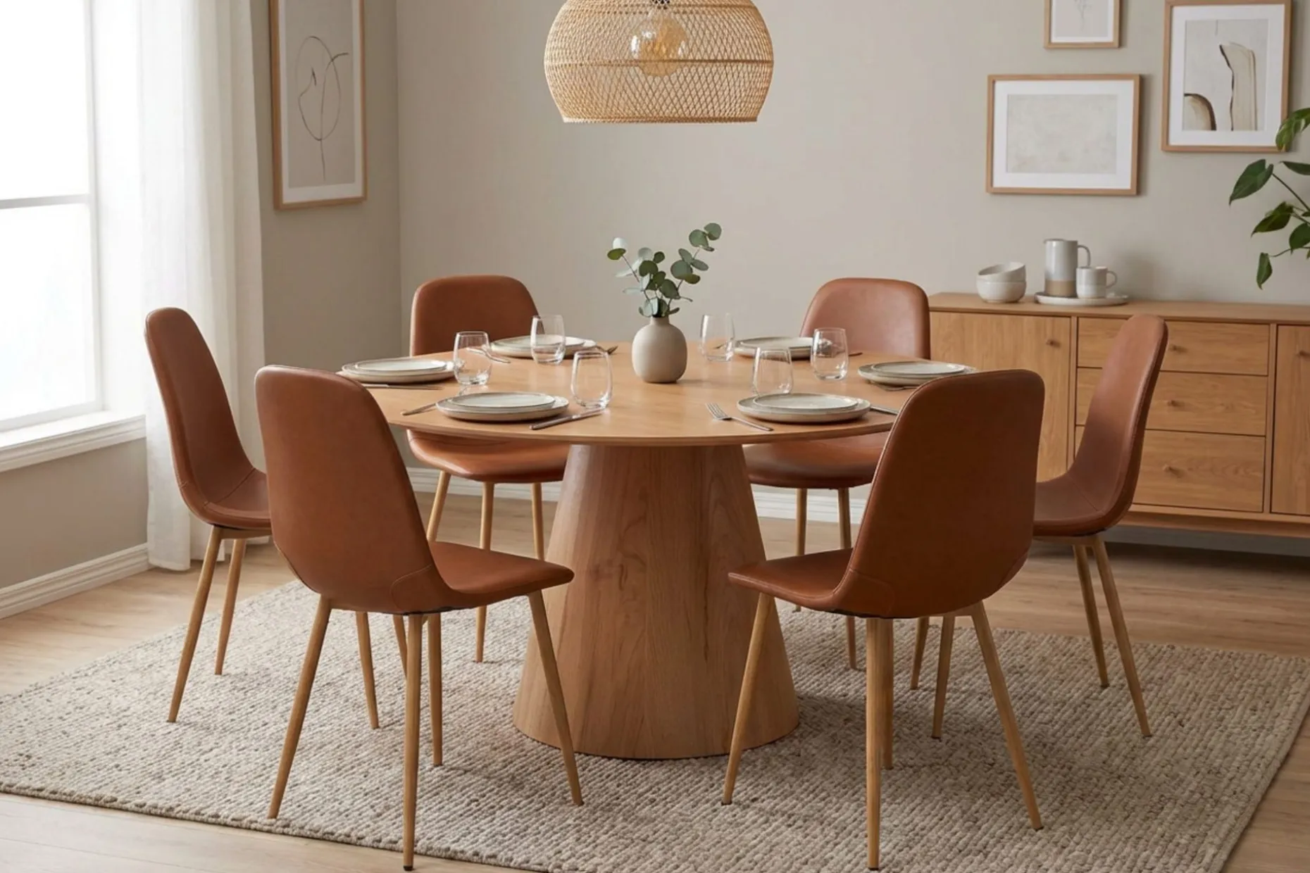Siena spisegruppe rund 150 cm eik med 6 Nibe spisestoler