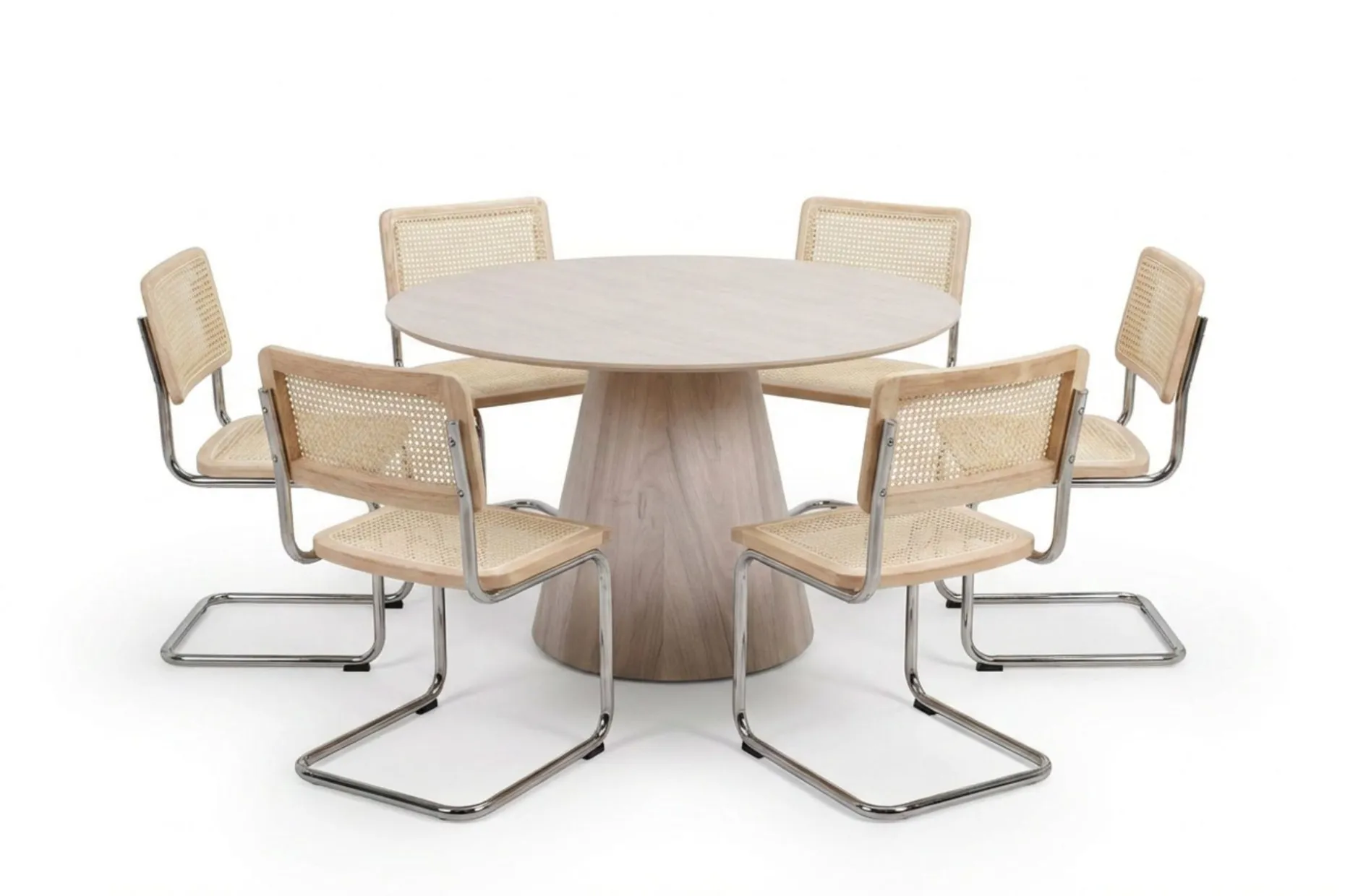 Siena spisegruppe rund 150 cm hvitlasert med 6 Build spisestoler