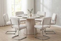 Siena spisegruppe rund 130 cm hvitlasert med 6 Milva spisestoler