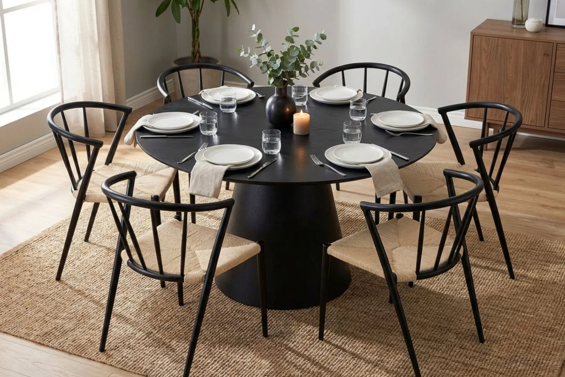 Siena spisegruppe rund 130 cm svart med 6 Winston spisestoler