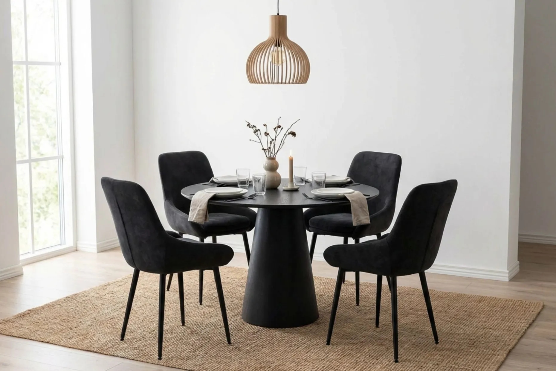 Siena spisegruppe rund 110 cm svart med 4 Alsarp spisestoler