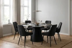 Siena spisegruppe rund 130 cm svart med 6 Alsarp spisestoler