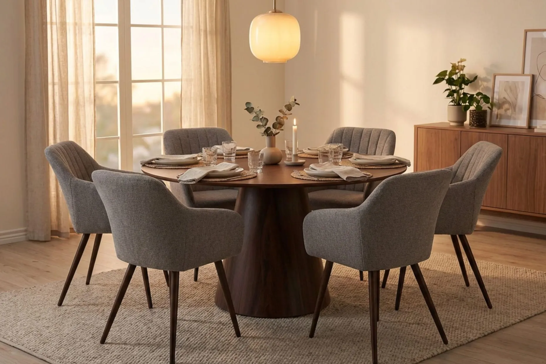 Siena spisegruppe rund 130 cm valnøtt med 6 Filippa spisestoler