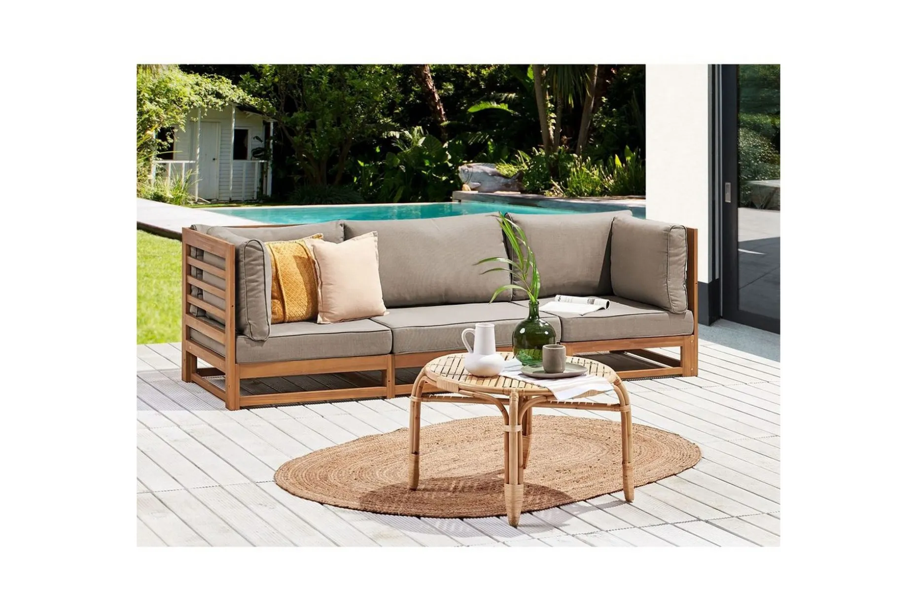 3-sitssoffa Beliani Trani Ljus trä/grått/beige, Ja Light wood||Grey||Beige