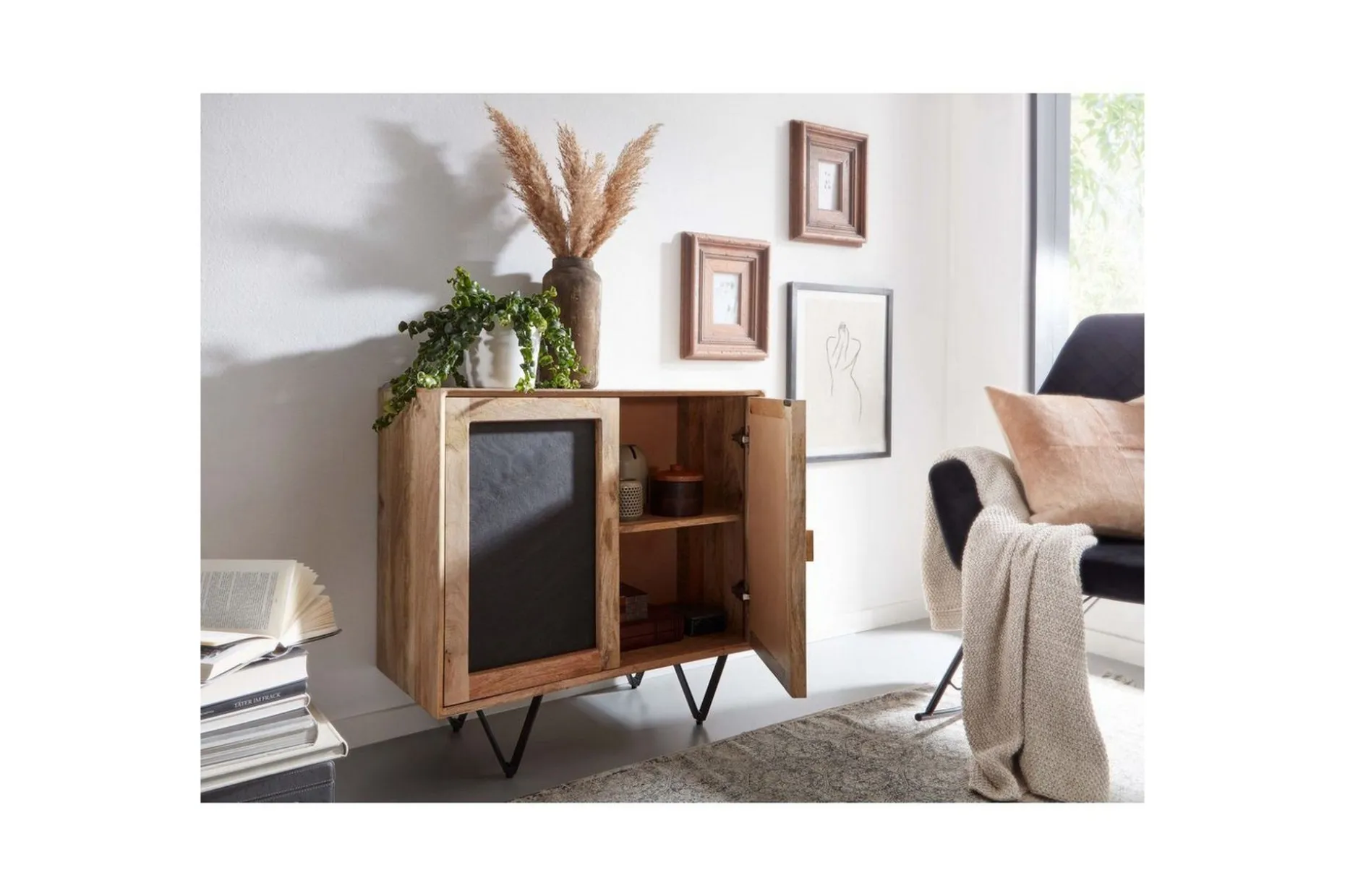 Skjenk Wohnling Massivt tre 80 cm 3D kant steinoptikk front 2 dører moderne