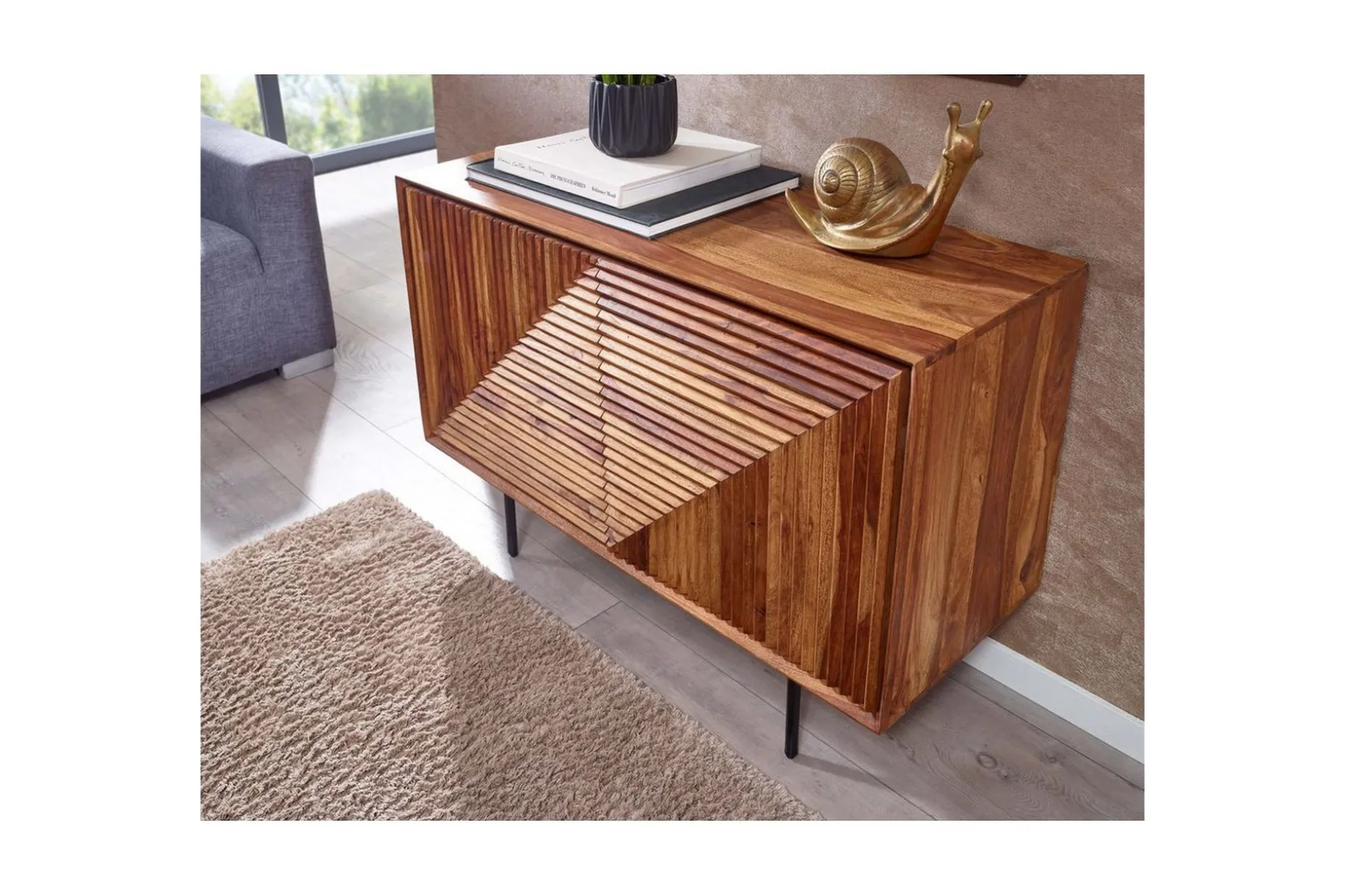 Skjenk Wohnling massivt tre, 3D geometrisk front, push-to-open, industriell loftstil 100 cm