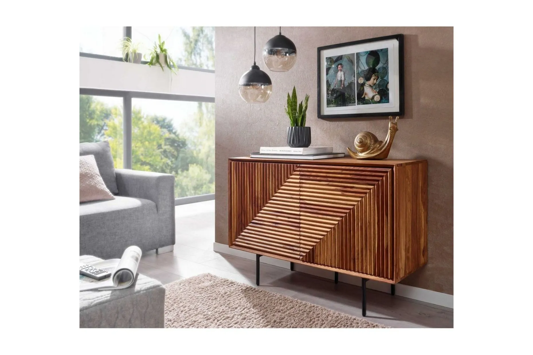 Skjenk Wohnling massivt tre, 3D geometrisk front, push-to-open, industriell loftstil 100 cm