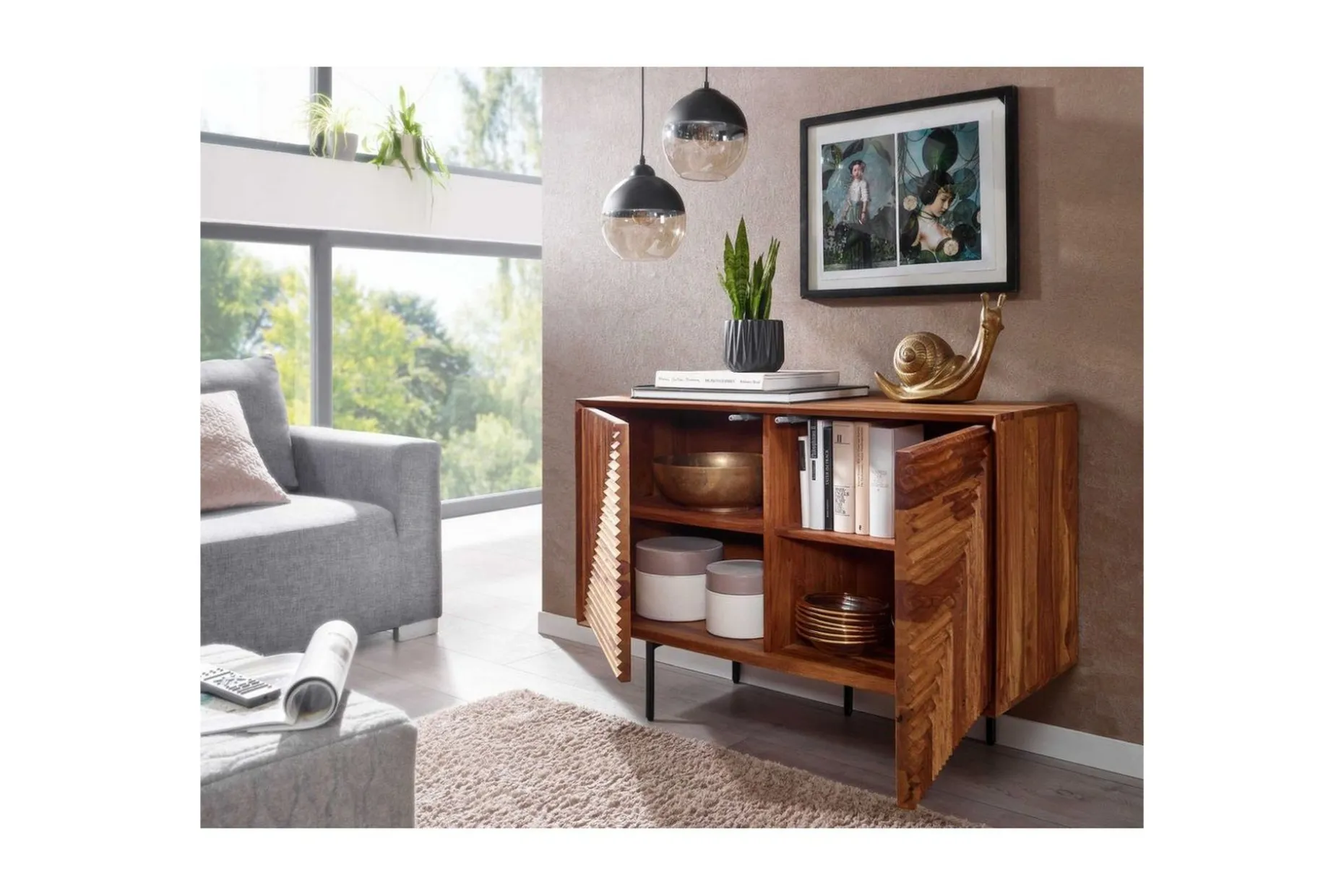 Skjenk Wohnling massivt tre, 3D geometrisk front, push-to-open, industriell loftstil 100 cm