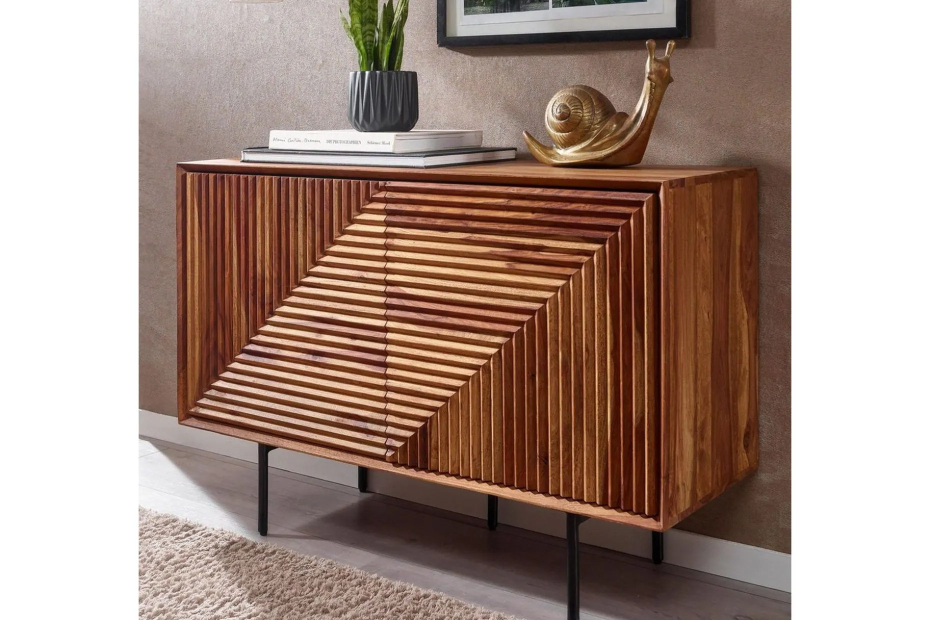 Skjenk Wohnling massivt tre, 3D geometrisk front, push-to-open, industriell loftstil 100 cm