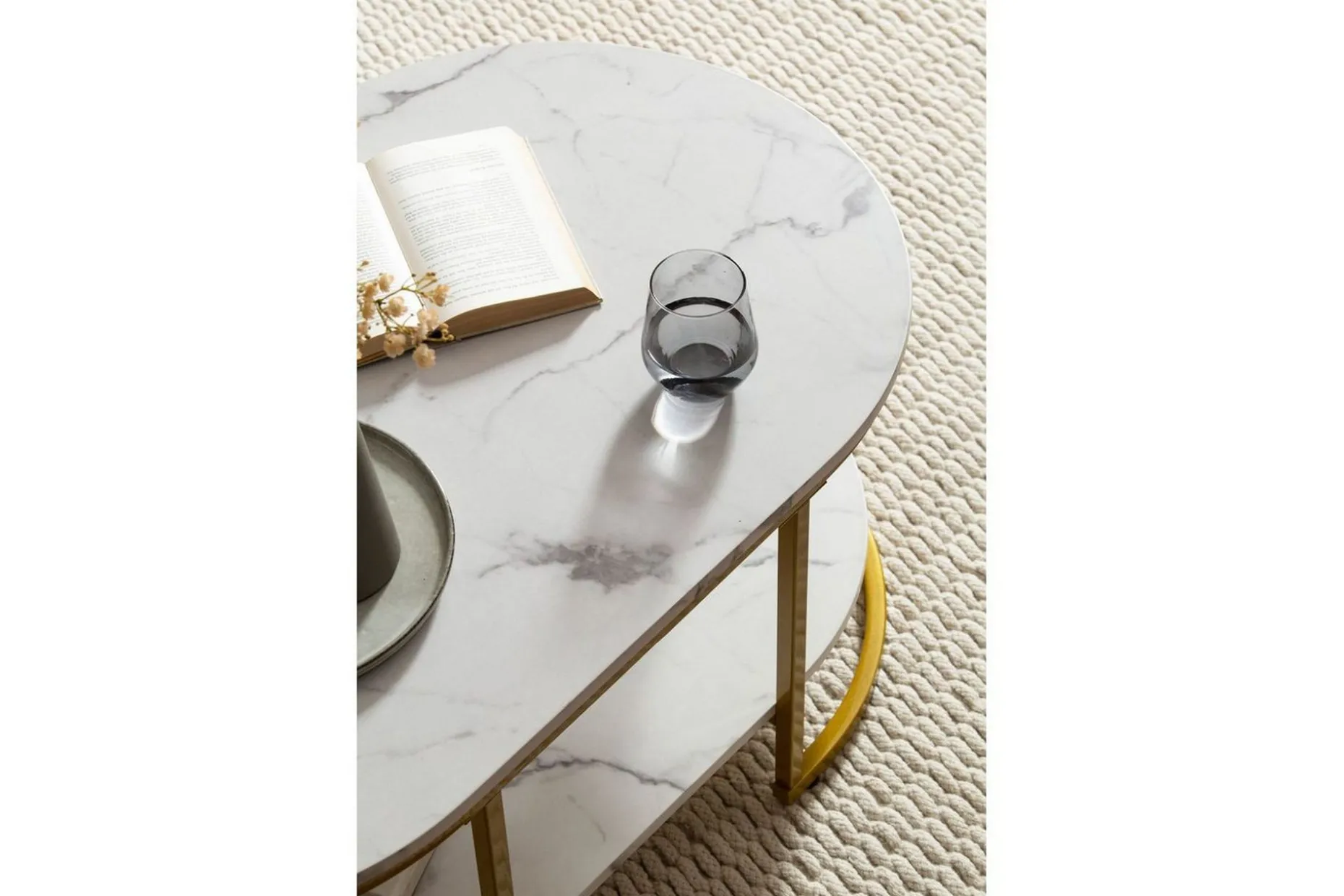 Sofabord Wohnling marmorutseende oval 100 cm med oppbevaringshylle, Bauhaus-stil Marmor Hvit